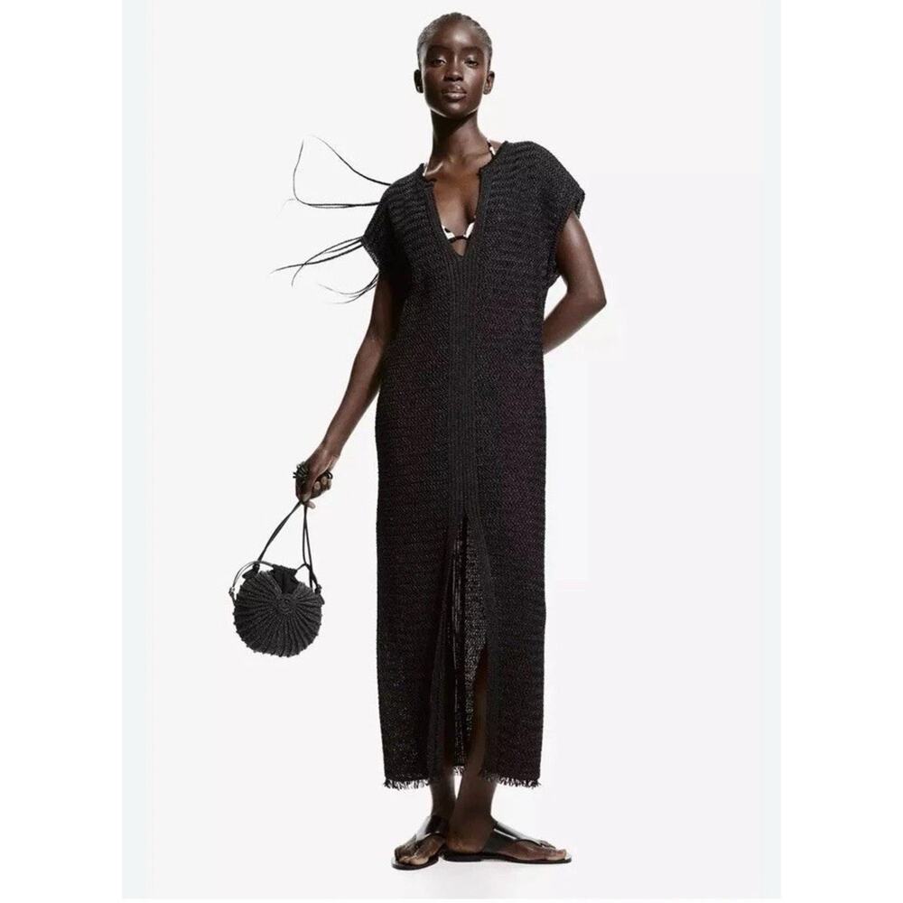 H&M 2026 Raffia Look Tunic Dress Size XS 4 to 8 Black Perfect Minimal Spring